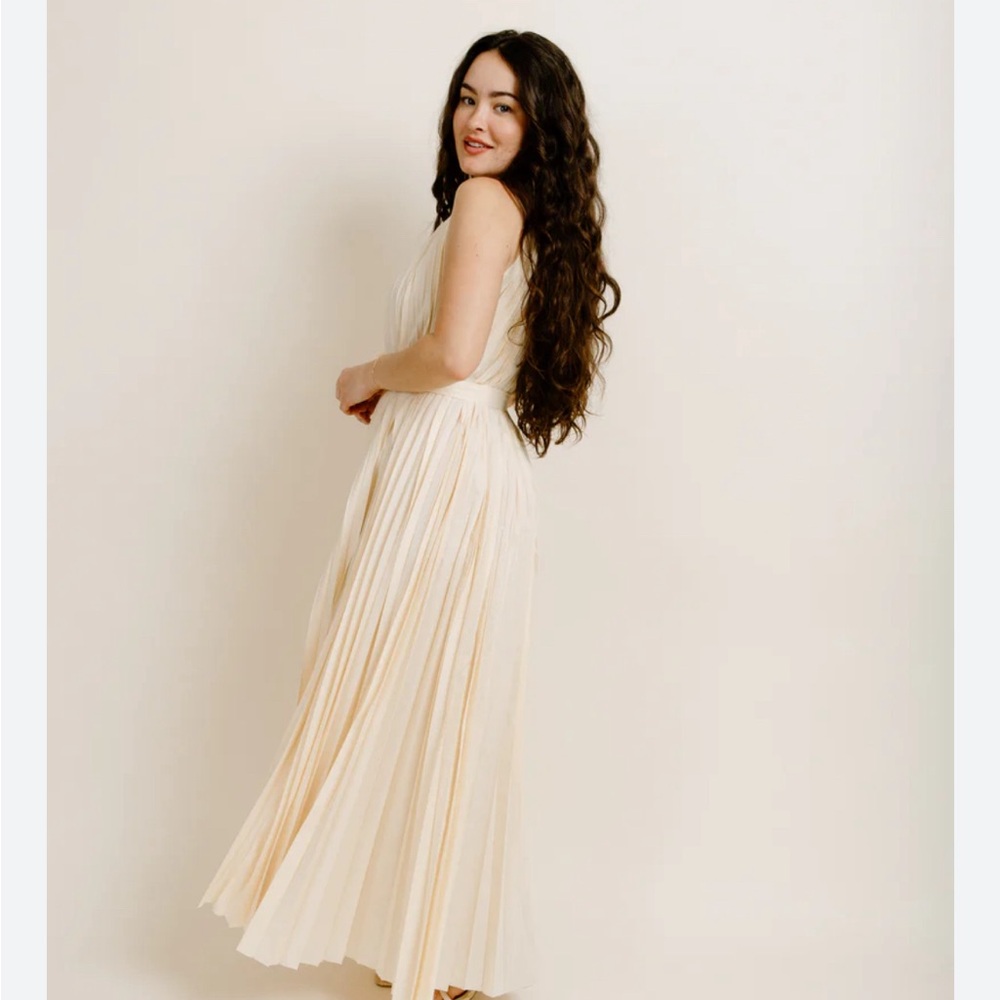 Pleated cream midi dress // tie neck detail